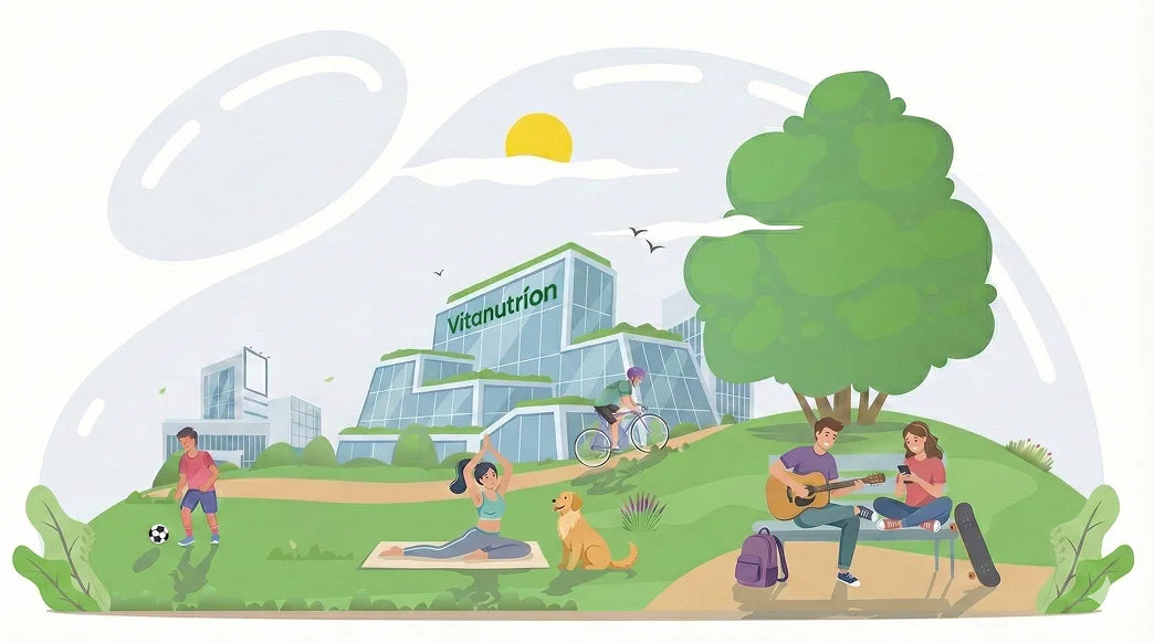 Illustration of a cityscape with people enjoying outdoor activities, enclosed by a bubble with 'Vitamorion' branding.