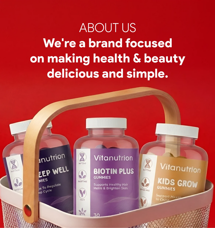 Basket of Vitanutrition gummy bottles with a red background and text about the brand's focus on health and beauty.