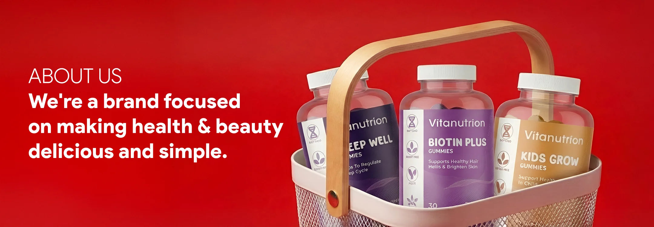Vitamnur health and beauty product packaging with a basket on a red background.