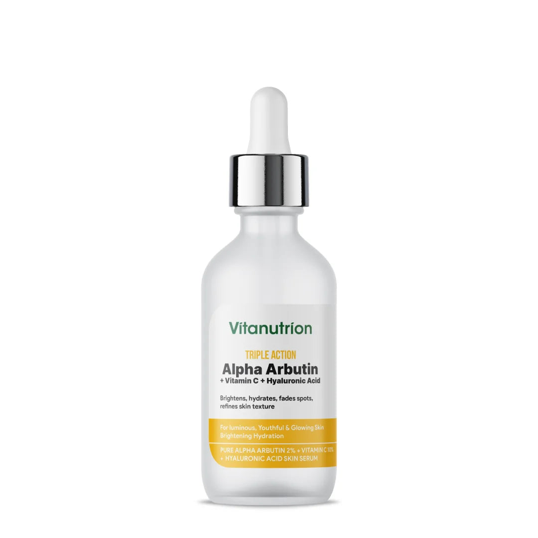 Vitanutrition skincare serum bottle with dropper on a white background