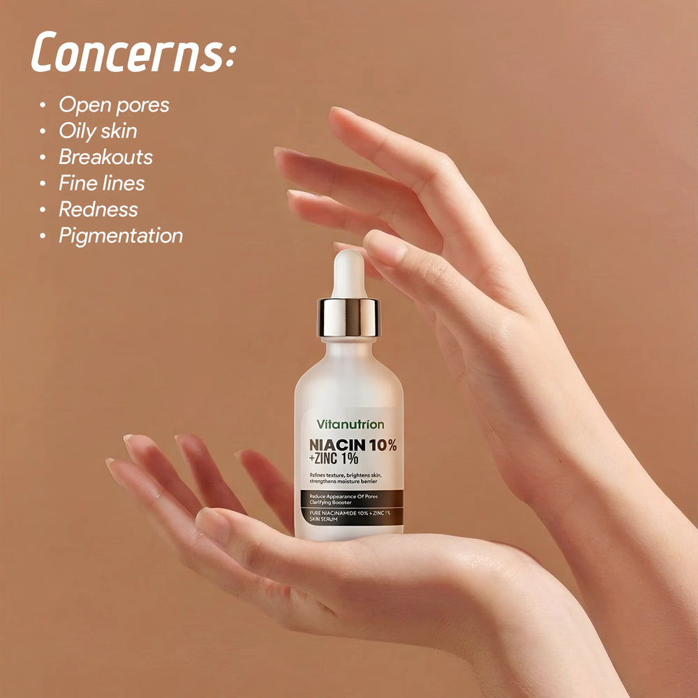 Vitanutrition Niacin 10% Zinc 1% skincare serum bottle held by a hand on a brown background with skin concerns listed.