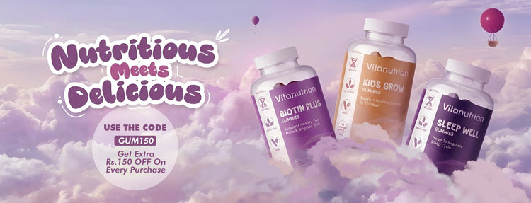 Vitamineut products in bottles with a promotional message against a cloud and hot air balloon background.