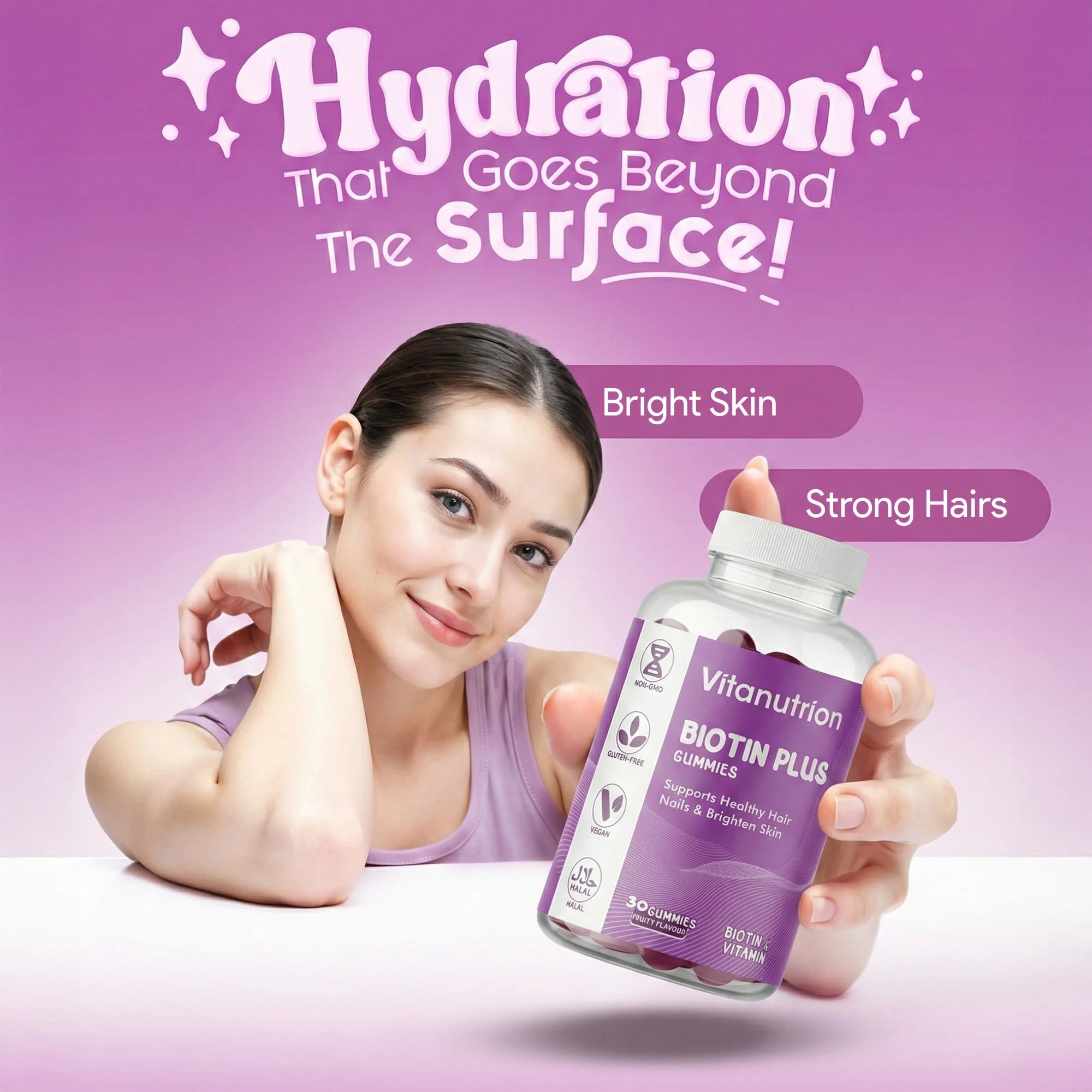 Woman holding a bottle of Vitanutrition Biotin Plus gummies with text about skin and hair benefits on a purple background.