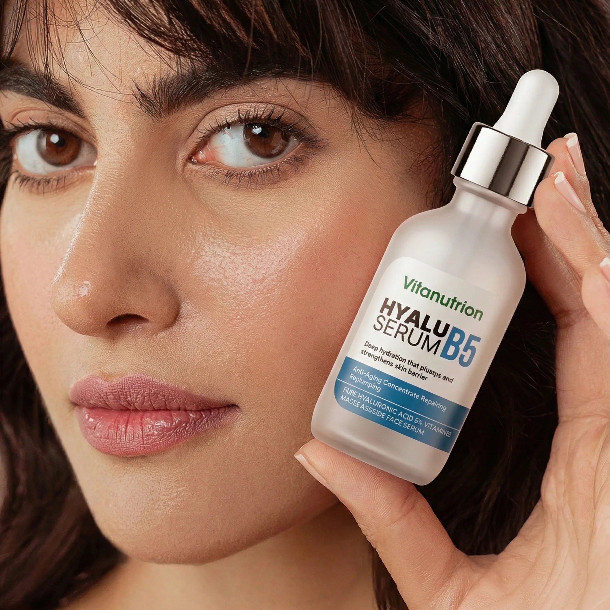 Woman applying Vitanutrin Hyalu Serum B5 to her face