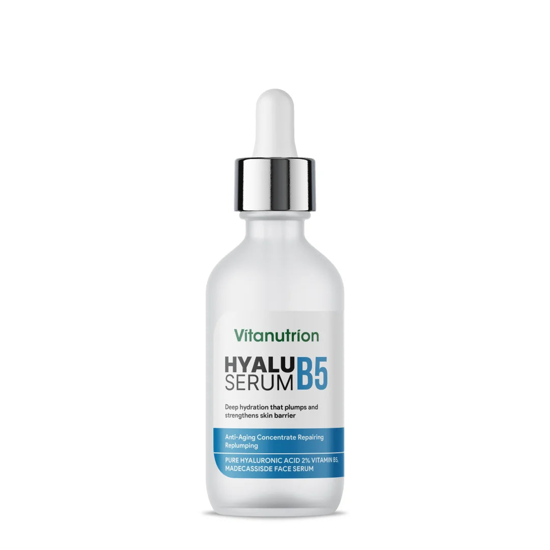 Vitanutrition Hyalu B5 serum bottle with dropper on a white background