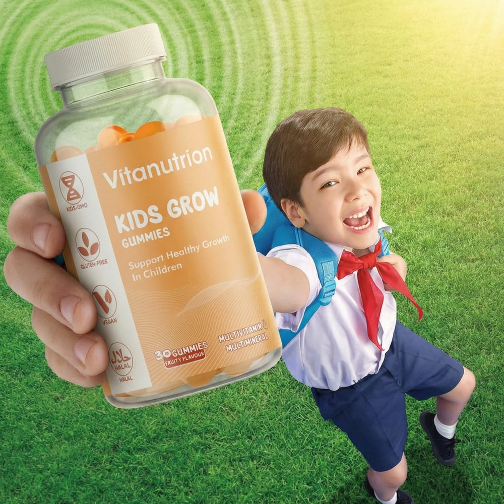 Vitanutrition Kids Grow Gummies bottle held by a hand with a child in school uniform running on grass.