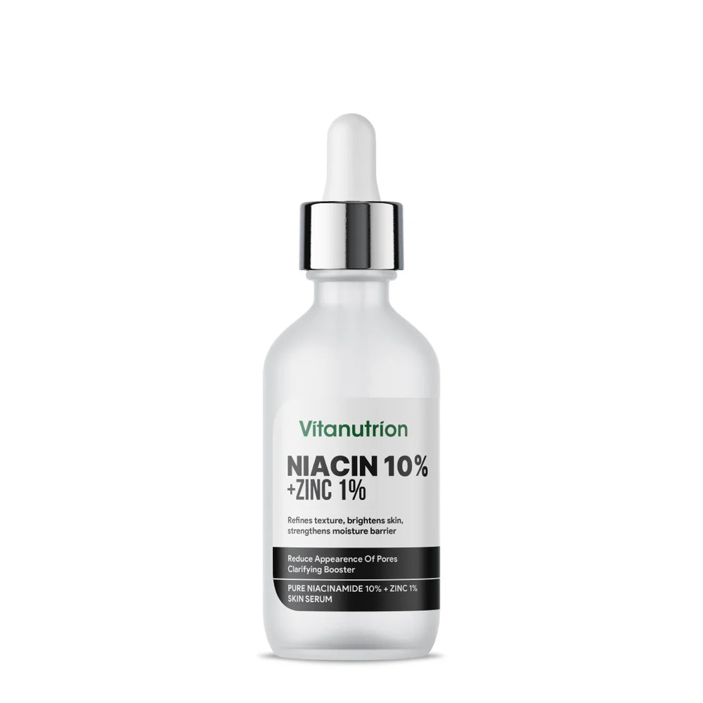 Vitanutrition niacin 10% zinc 1% skincare serum bottle with dropper on a white background