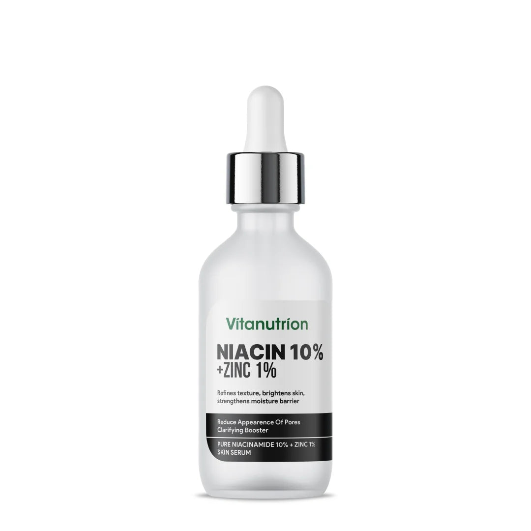 Vitanutrition niacin 10% zinc 1% skincare serum bottle with dropper on a white background