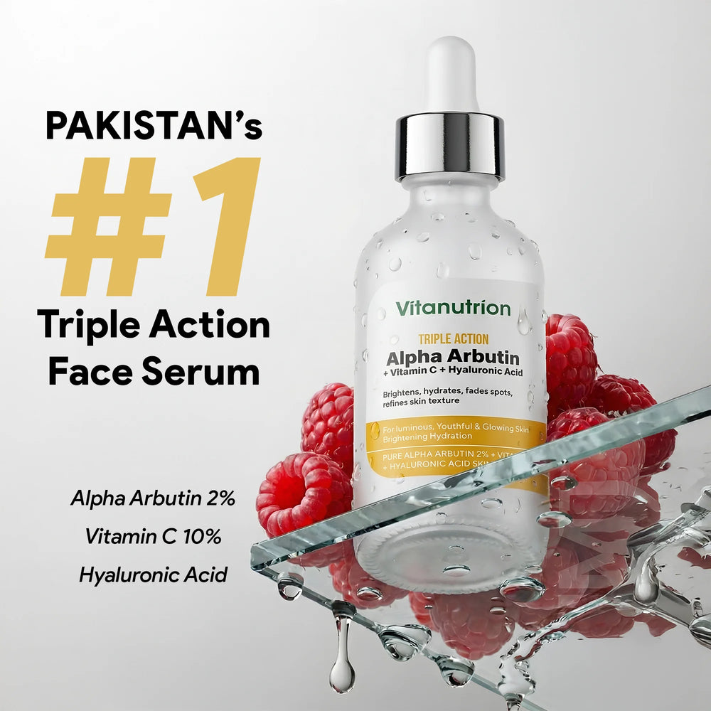 Vitanutrition triple-action face serum bottle with raspberries on a gray background